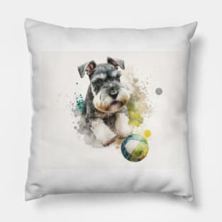 Miniature Schnauzer Playing Ball Watercolour Painting Pillow