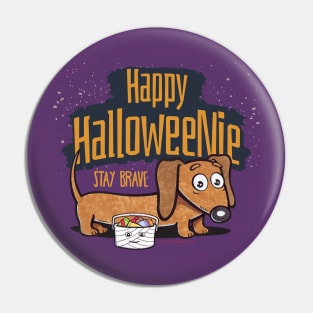 Funny scary Spooky Halloween Cute Doxie Dachshund Dog being Brave Halloweenie Doxy with Treats on a Spooky evening tee Pin