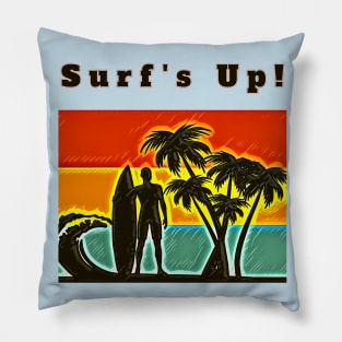 Surf's Up! (surfer, surfboard, palmtrees, waves, sunset) Pillow