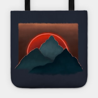 Red sun blue mountains Tote