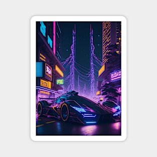 Dark Neon City Sports Car Magnet