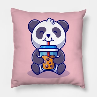 Cute Panda Drinking Boba Milk Tea Cartoon Pillow