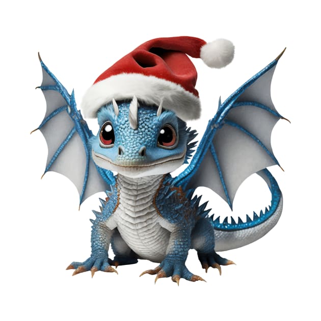 Adorable Baby Blue Dragon with a Red Christmas Hat by Cuteopia Gallery