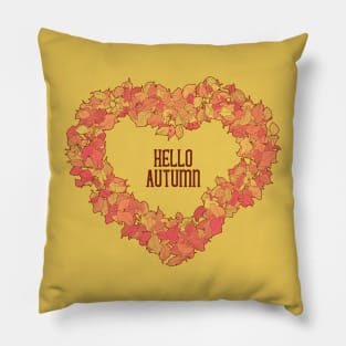 Hand Drawn Hello Autumn Heart Leaves Pillow