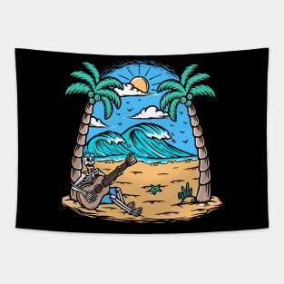 Cartoon Skeleton Playing Guitar on the Beach Tapestry