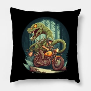 forest snake monster in desert with  friend riding motorcycle Pillow