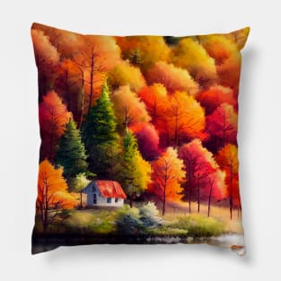 Colorful Autumn Landscape Watercolor 30 Pillow