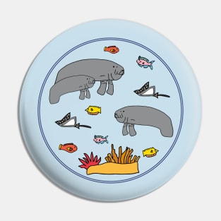 Manatee with colorful fish in circle Pin