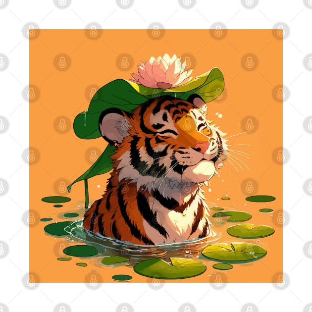 Kawaii Anime Tiger Bath With Water Lily by TomFrontierArt