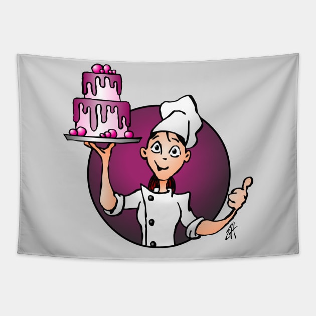 Pastry chef with a pink glazed cake Tapestry by Cardvibes