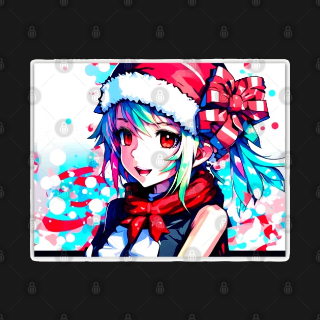 Anime Girl Christmas Hat Blue Green Hair by MaystarUniverse