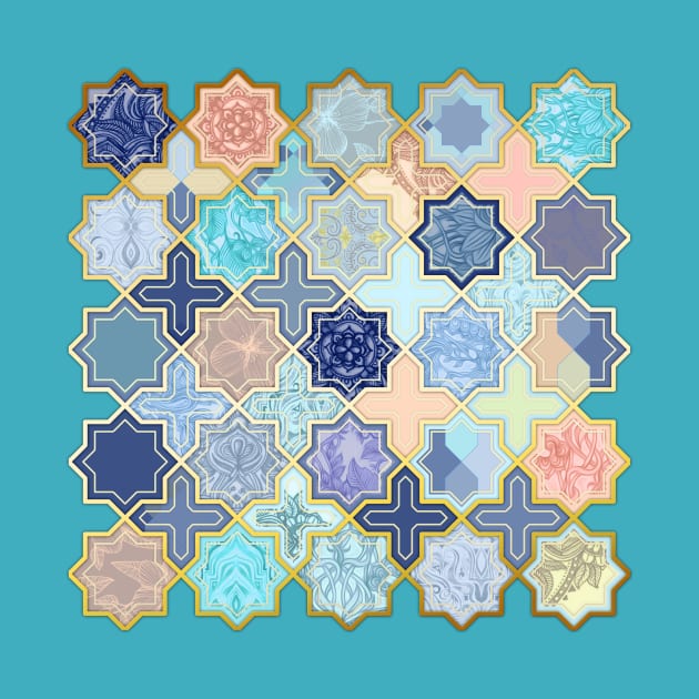 Peach and Blue Geometric Tile Pattern by micklyn