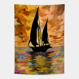 Sailing Boat Ocean Sunset Tapestry