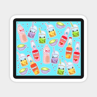 Colorful Kawaii Drinks on Bright Blue Magnet