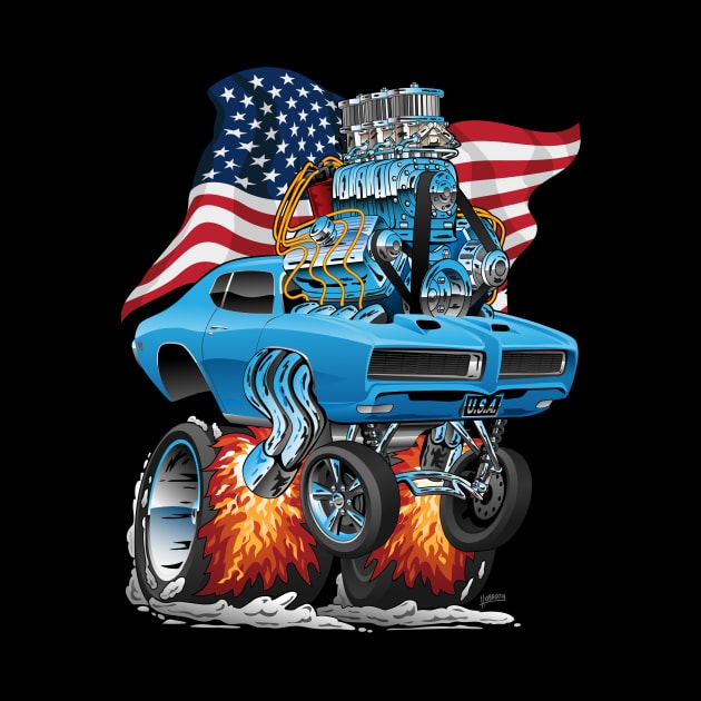 Patriotic Sixties American Muscle Car with USA Flag Cartoon by hobrath