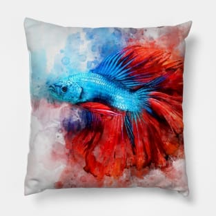 Blue Betta Fish with Red Tail watercolor Pillow