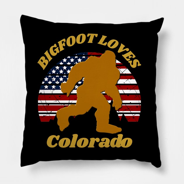 Bigfoot loves America and Colorado too Pillow by Scovel Design Shop