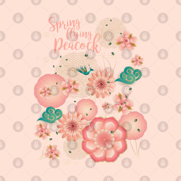 Elegant Floral Ornament, Spring Peach Garden, Decorative Pink Flowers, blossom sakuras pattern, Spring Dream Flying Peacock, Chinese Traditional background Vintage by sofiartmedia