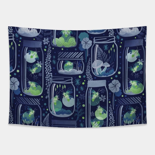 Glowing in the moss // pattern // blue background jars with lightning fireflies bugs quirky whimsical and bioluminescence lampyridae beetles Tapestry by SelmaCardoso