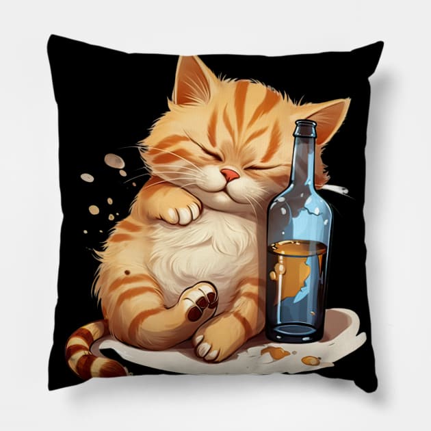 Drunk Cat Snoozing: Cartoon Cute Orange & Blue Drawing Pillow by YUED