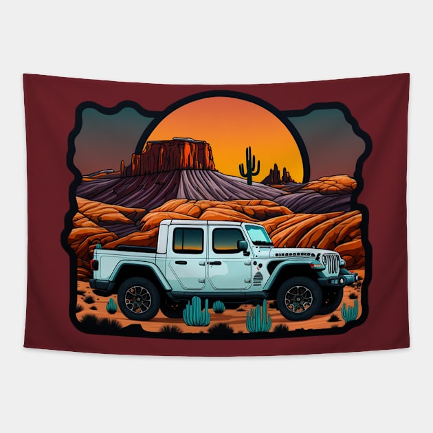 Rugged Adventure: Illustration of a Jeep Gladiator in Southwest Tapestry by OutOfOfficeOutdoors