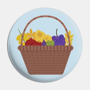 Wicker basket with fruits and dairy products icon in flat design Pin