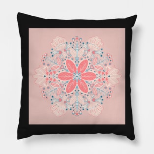 Pastel Blue, Pink and Red Mandala Snowflake Pattern Pillow