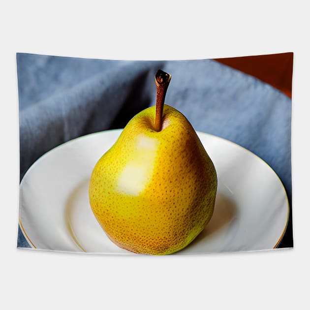 Ripe fruit pear on white dinnerware plate Tapestry by Marccelus