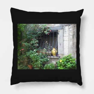 Window in the Provence with flowers. Pillow