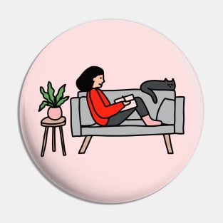 Girl Sketching With Cat Pin