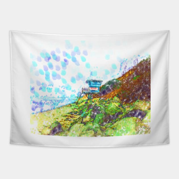 Life Guard Station On The Rocky Beach Tapestry by KirtTisdale