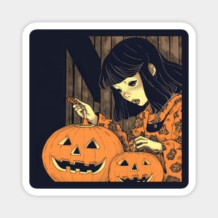 Halloween Girl looking at Pumpkin Magnet