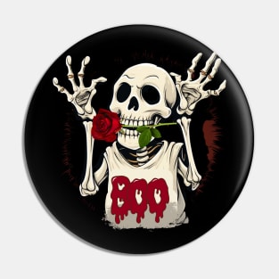 Funny Halloween Skeleton With a Red Rose In Its Mouth Pin