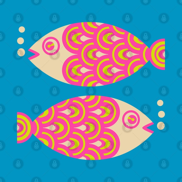 TWO FUN SWIMMING GEOMETRIC FISH in Bright Hot Pink, Chartreuse Green and Sand - UnBlink Studio by Jackie Tahara by UnBlink Studio by Jackie Tahara