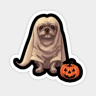 Spooky Halloween Ghost Puppy Fluffy French Bulldog Puppy with Pumpkin Magnet