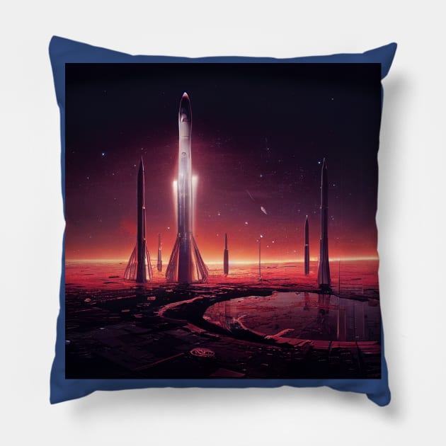 Interplanetary Spaceport Pillow by Grassroots Green