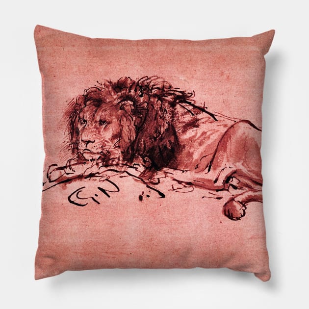 THE CAPE LION LYING DOWN, by Rembrandt Pink Red Hues Pillow by BulganLumini