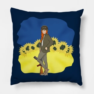 Ukrainian girl on the background of the Ukrainian flag Pillow