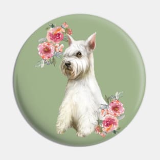 Cute White Schnauzer with Flowers Watercolor Art Pin