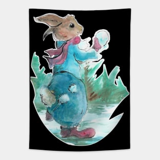 Rabbit throwing snowballs 22/11/23 - vintage Christmas inspired designs Tapestry