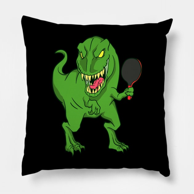 Cartoon dinosaur playing table tennis Pillow by Modern Medieval Design