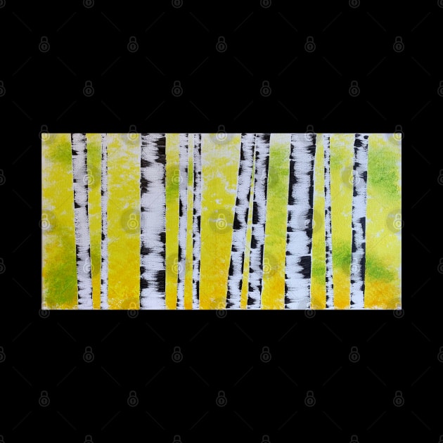 Black and White Birch Trees with Yellow Green Background by J&S mason