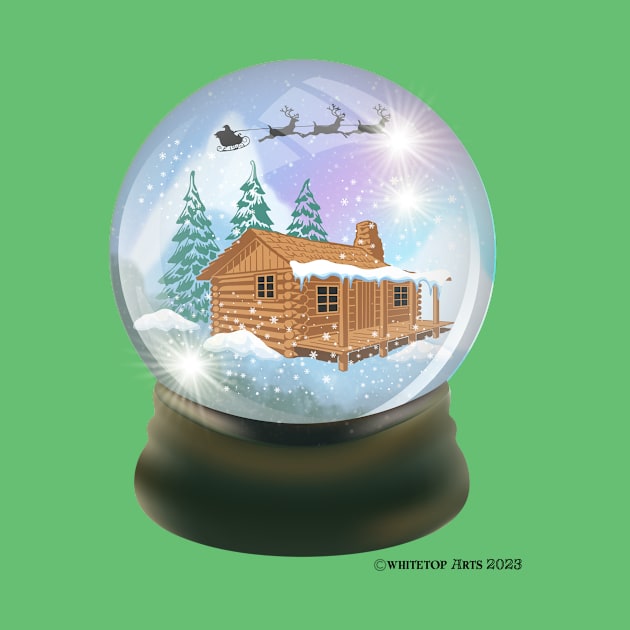 Snow Globe Santa and Reindeer Flying Over A Winter Cabin by Whitetop Arts