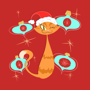 Orange Santa Cat with Blue Ornaments T-Shirt