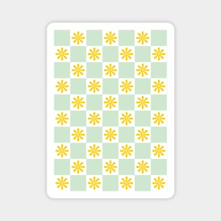 Retro Yellow, Green Checkered Floral Pattern Magnet