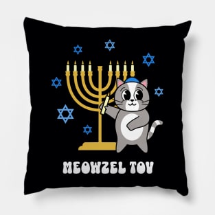 Meowzel Tov Funny Hanukkah Cat with Menorah Pillow