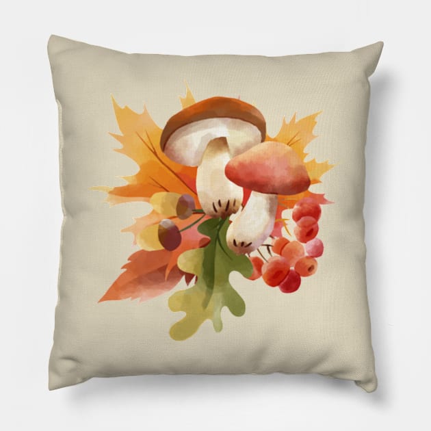 Fall Autumn Season Wild Mushroom Watercolor Pillow by Sassee Designs