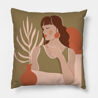 Abstract woman portrait, vase, palm leaf and geometric elements. Mid Century graphic portrait. Pillow