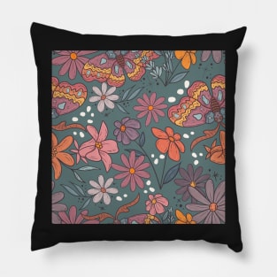 Boho Teal Moth and Flowers Pillow