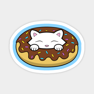 Cute white kitten eating a yummy looking chocolate doughnut with sprinkles on top of it Magnet